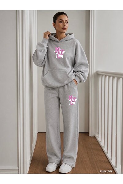 FUFLUNS Nyc Star Printed Men's Hooded Tracksuit Set