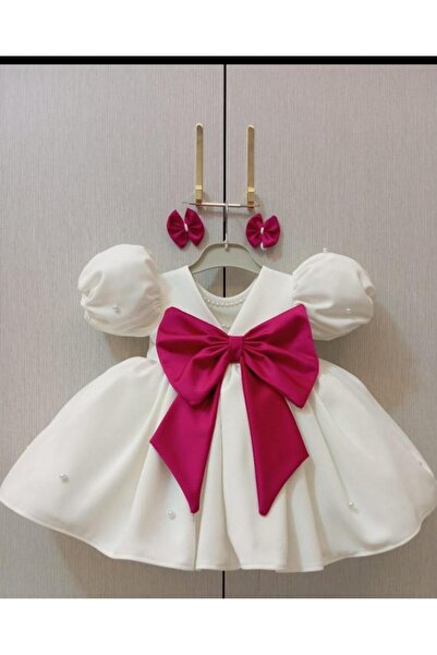 GOLD TEKSTİL Ecru Fuchsia Big Bow Girls' Dress