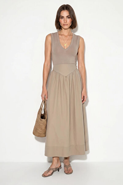 Efnaz style Women's High Waist Gathered Detailed Flared Skirt De Beige