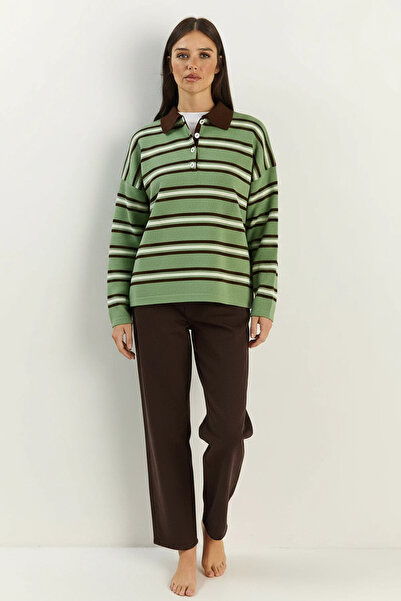Generic Brand Women's Polo Neck Striped Knitwear Nile Green Sweater