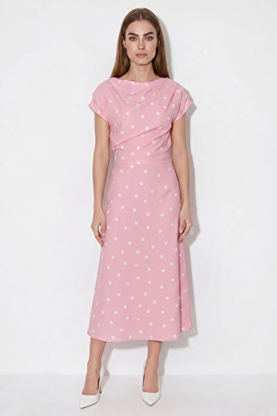 Şeker Portakalım Women's Boat Neck Drape Detailed Polka Dot Midi Dress Pink Ecru