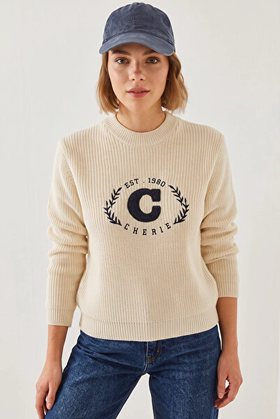 Efnaz style Women's Crew Neck Embroidered Thessaloniki Knitwear Ecru Navy Blu...