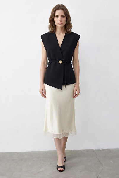 Efnaz style Women's Buttoned Belted Woven Black Vest