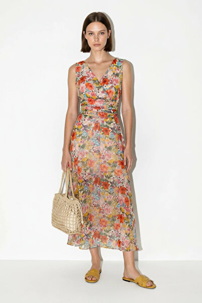 Efnaz style Women's V-Neck Floral Patterned Lined Chiffon Midi Multi-Colored ...