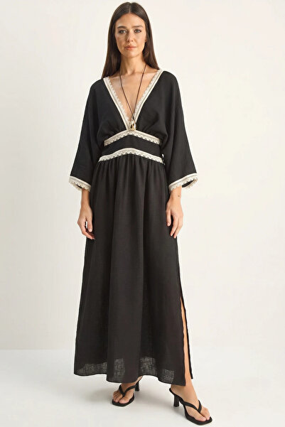 Generic Brand Women's Lace Detailed V-Neck Waist-Slit Muslin Maxi Black Dress