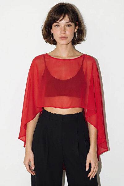 Generic Brand Women's Boat Neck Bat Sleeve Transparent Chiffon Red Blouse