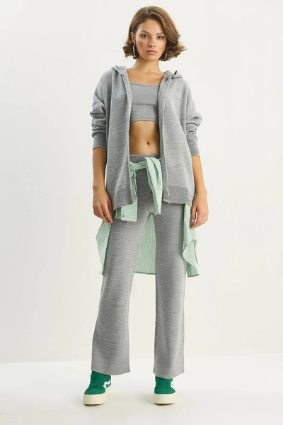 Efnaz style Women's Hooded Relax Fit High Waist Knitwear Gray Set
