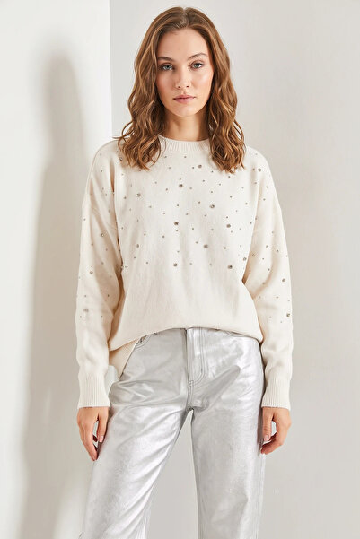 Şeker Portakalım Women's Stone Embroidered Knitwear Ecru Sweater