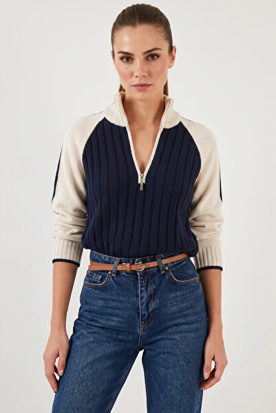 Generic Brand Women's Zippered Knitwear Navy Blue Sweater