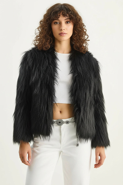 Efnaz style Women's Shawl Collar Lined Premium Fur Black Jacket