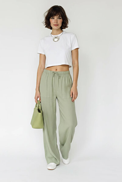 Efnaz style Women's Elastic Waist Cotton Linen Loose Green Trousers with Pock...