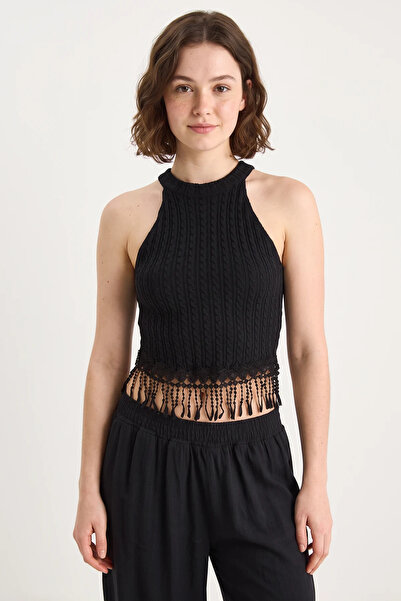 Şeker Portakalım Women's Braided Tasseled Knitwear Black Blouse