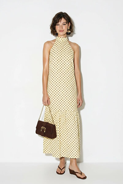 Efnaz style Women's Polka Dot Halter Neck Halter Dress with Ruffle Hem Long Y...