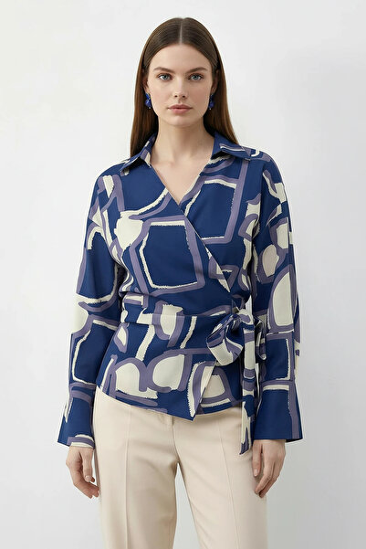Efnaz style Women's Patterned Double-Breasted Collar Side-Tie Viscose Blue Shirt