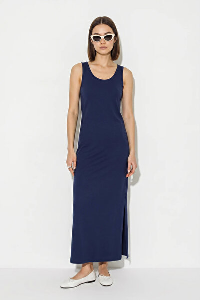 Efnaz style Women's Scarf Detailed Backless Slit Maxi Navy Blue Dress