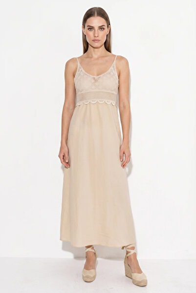 Generic Brand Women's Crochet-Look Detailed Strappy Beige Dress