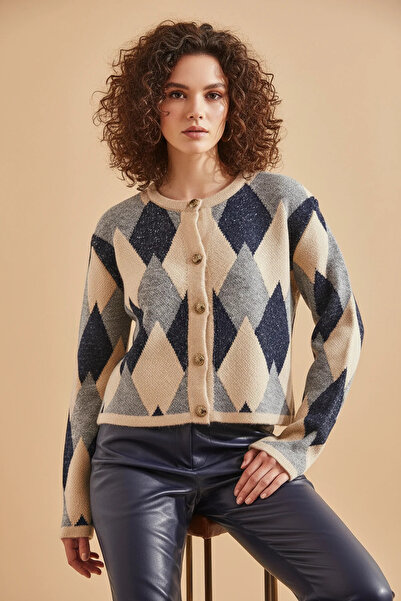 Generic Brand Women's Diamond Patterned Knitwear Beige Navy Blue Cardigan