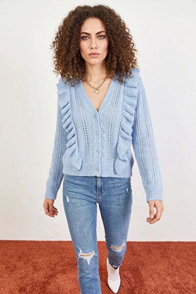 Şeker Portakalım Women's Openwork Ruffled Soft Buttoned Blue Cardigan