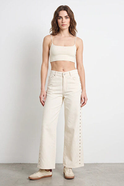 Efnaz style Women's Wide Leg Denim Cream Trousers with Metal Detail on the Sides