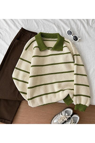 De Pose Pulover tricotat pentru femei, cu guler polo, verde ecru, din tricot ...