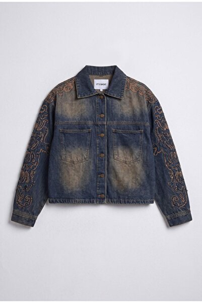 it's basic Women's Dark Denim Jacket 4W6-32 Oversize Embroidery Detailed Desi...