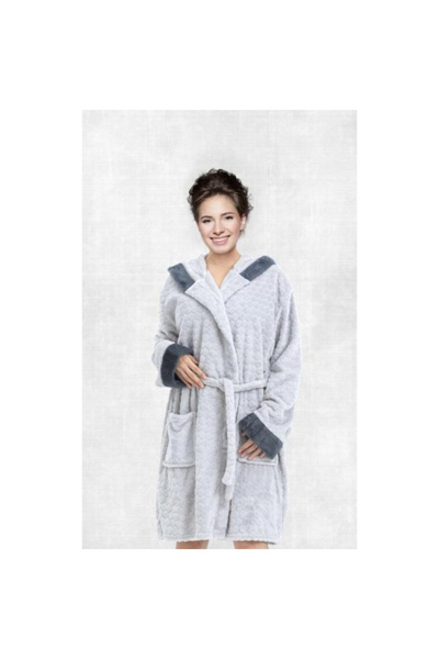 Generic Brand روب مع قبعة فرو ناعم - كانون - T-GREY