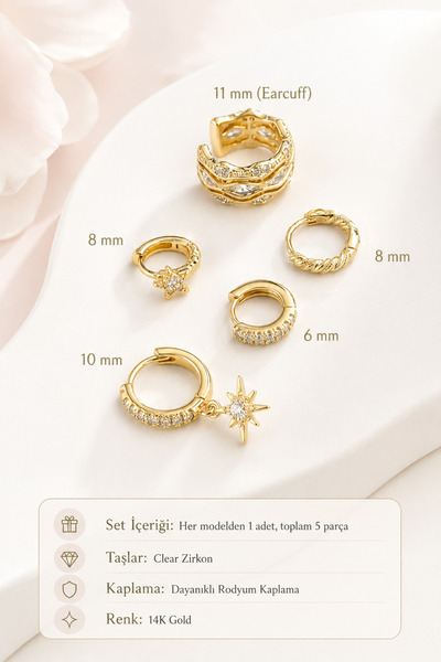 Sacce Scarves&Accessories 5 Parça 14K Gold Kulak Kombin Seti Zirkon Taşlı Küpe ve Earcuff