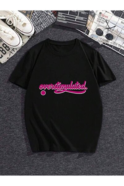 NOURAM Women's "Overstimulated" Funny Pink Slogan Print Crewneck Short Sleeve...