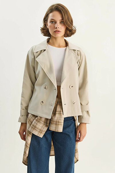 Generic Brand Women's Double-Breasted Collar Detailed Lined Trench Coat Stone