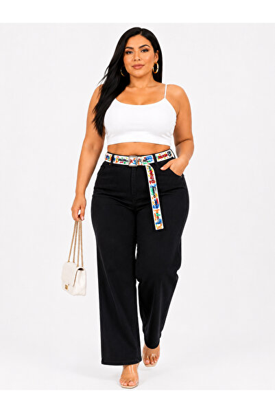 ZANESSI Plus Size Belted High Waist Pocketed Cotton Wide Leg Women's Trousers