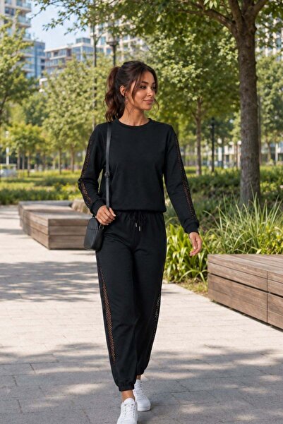 Mossta Crew Neck Mesh Detailed Pants Set - Black