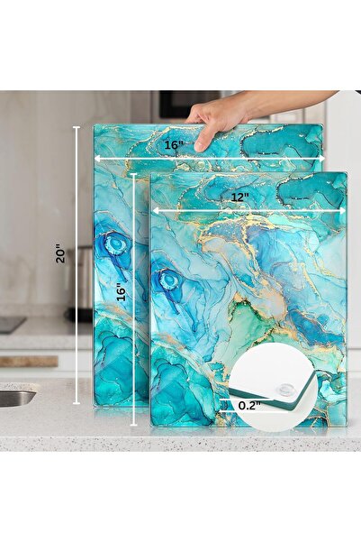 MODERN Kitchenville Glass Cutting Board 16"x12": Tempered Glass Kitchen Counter Protector - Durable- Scratch-Resistant, Heat-Proof - Design 9 - Teal Ocean