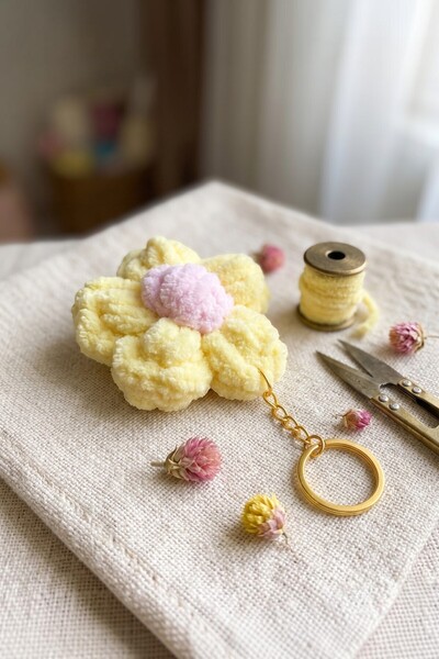 Lorivelle Handmade Puff Flower Bag Charm - Plush Velvet Keychain with Gold Ch...