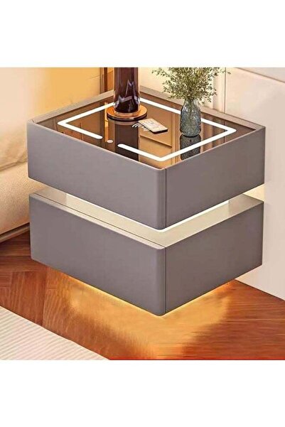 NKX Modern Bedside Nightstand Table with LED Mirror, Sensor Light, Wireless C...