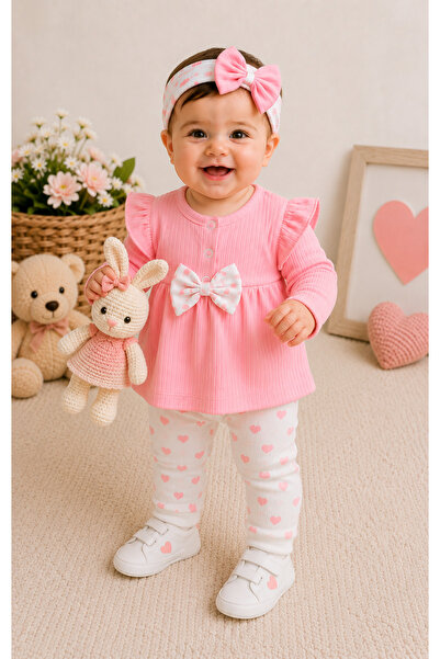mini kanka Baby Girl Ribbed Bandana with Bow and Heart Detail, 0-24 Months Ba...