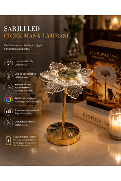 Şarjlı LED Çiçek Masa Lambası – 3 Kademeli Işık, RGBW Renk Değiştiren, Dokunmatik, USB Şarjlı
