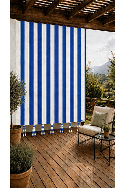 SHY TEKSTİL Blue and White Lace-Up Balcony Curtain with Top Cornice, Outdoor ...