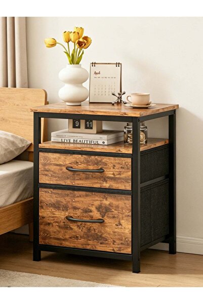 SHEIDLIN Modern open-top open-shelf bedside table with brown frame and MDF pa...