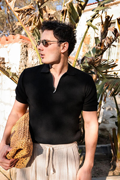 no7man Lave Black Zippered Knitwear Men's Tshirt
