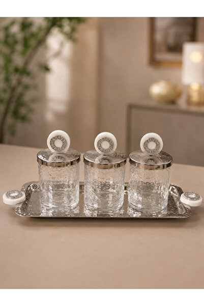 MuratogluHome Vivalli Silver Dövme Metal Tepsili 3'lü Cam Kavanoz Seti Taşlı Kulplu Baharatlık Şekerlik (50x20 cm)
