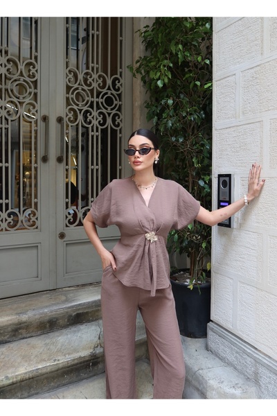 KECHİ WOMAN Tencel Fabric Tie-Up Set with Gold Accessories