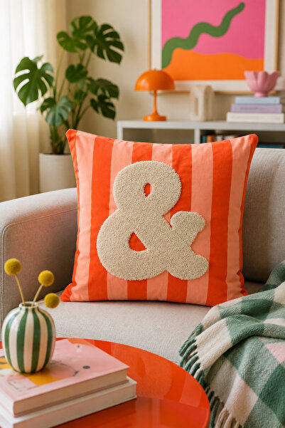 Pilloveland Punch Embroidered Throw Pillow Cover - 43*43 cm - Orange & - Pnk001