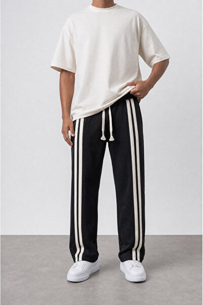 Respire Men's Front Stripe Detailed Baggy Sweatpants Black