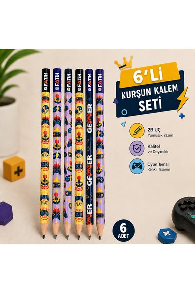 Blondcoo Trend 6-Piece Fatih Gaming Themed Pencil Set 2B – Colorful School Pencils + Gift Notepad
