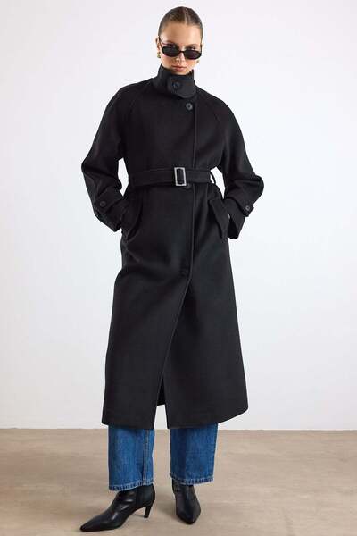 Olcay High Collar Button Detail Oversize Coat Black 3177