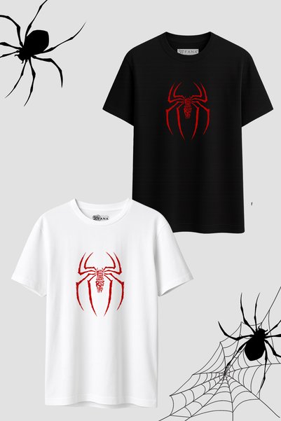 FANA Spider Couple Combination Spider Printed Oversize Unisex T-Shirt Black and White Cotton T-Shirt