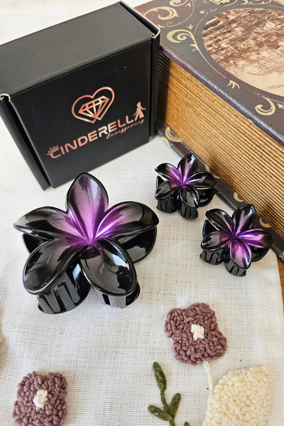 Cinderella Set of 3 Black Metallic Violet Purple Lotus Flower Hair Clips - Ha...