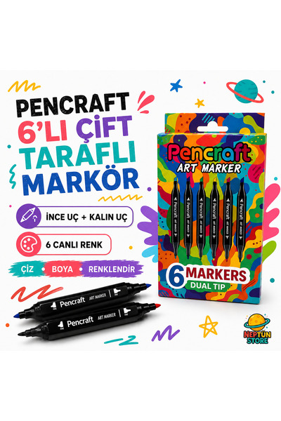 neptünstore Pencraft Art Marker 6’lı Çift Taraflı Markör Kalem Seti – İnce ve...