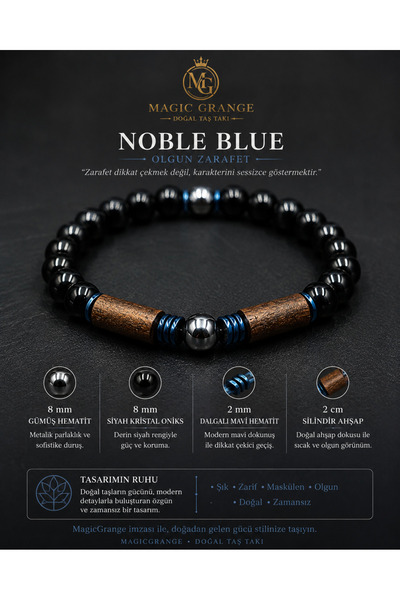 magıcgrange Men's Natural Stone Bracelet – 8 mm Black Crystal Onyx, Silver He...