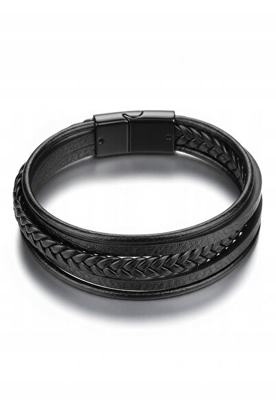 NO BRAND Brățară din piele pentru bărbați, multistrat, neagră, cu magnet, 21 cm